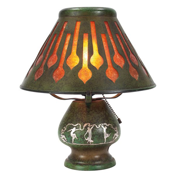 Heintz table lamp, Three Graces, verdigris, mica, si: Heintz table lamp, Three Graces motif in sterling on bronze verdigris base with a mica shade, base signed with paper label, original patina, replaced mica, 11.5"dia x 13"h, very good condition