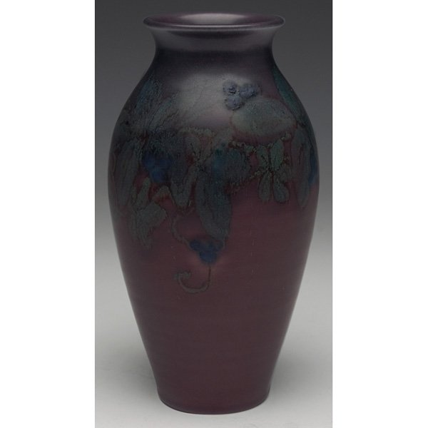 Rookwood vase, matte glaze, Vera Tischler, 1924: Rookwood vase, bulbous shape in a matte glaze with a leaf and berry design, executed by Vera Tischler in 1924, #356D, 4"w x 8"h