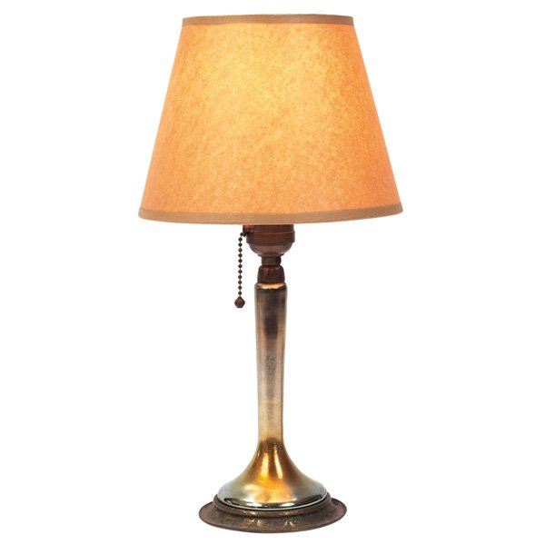 Roycroft lamp, gold Aurene Steuben base, paper shad: Roycroft lamp, gold Aurene Steuben glass and brass acid-etched base supports a replaced paper shade, signed with orb, original patina, 8.5"dia x 14"h,very good condition