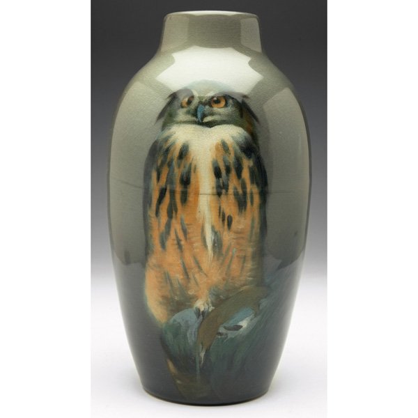 Rookwood vase, Iris glaze, Grace Young, 1904: Rare Rookwood vase, bulbous shouldered shape in an Iris glaze, decorated with an unusual Eagle Owl, beautifully painted by Grace Young in 1904, #940D, 5"w x 9"h