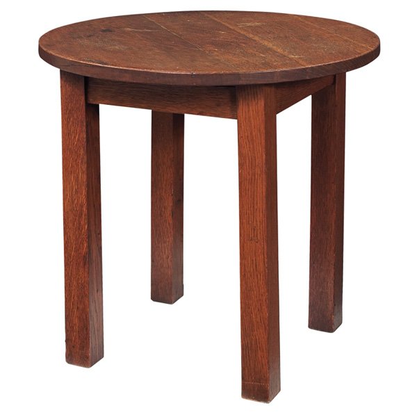 L & JG Stickley tabouret, #510, Geo. C. Flint Co.: L & JG Stickley tabouret, #510, circular top above a squared apron, original finish, Geo. C. Flint Co. retailer's tag, 20"dia x 20"h, very good condition