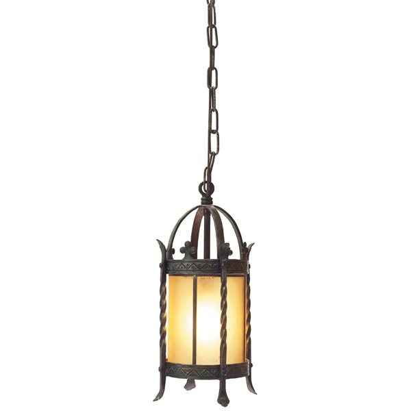 Arts & Crafts hanging fixture, style of Samuel Yel: Arts & Crafts hanging fixture, in the style of Samuel Yellin, in twisted wrought iron with incised geometric detail, leaded frosted shade, original chain and ceiling cap, 8.5"w x 55" h, very good cond
