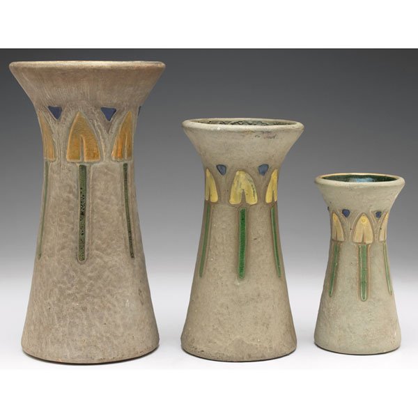 Roseville Mostique vases, 3, spade designs: Roseville Mostique vases, three, all with colorful spade designs, all unmarked, one with impressed 164, largest is: 5.25"w x 10"h