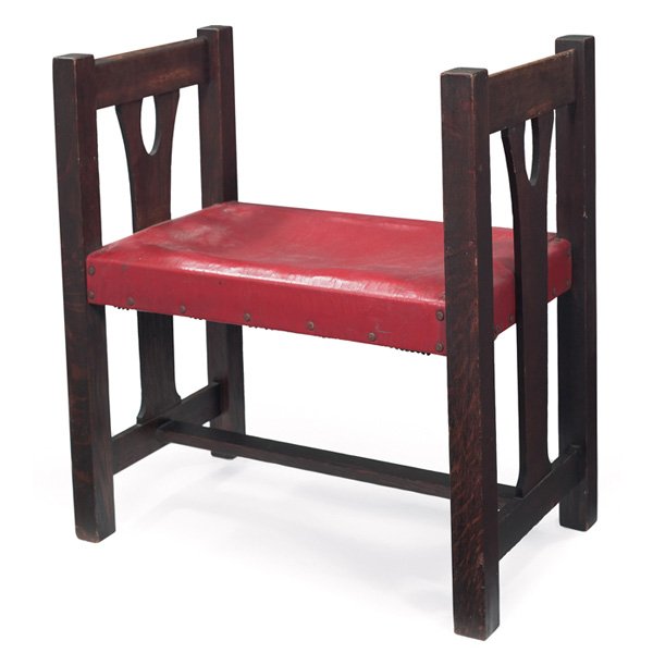 Arts & Crafts window seat, cut-out slats, leathere: Arts & Crafts window seat, cut-out slats at sides support an original leatherette seat, cleaned original finish, 26"w x 15.5"d x 27"h, very good condition