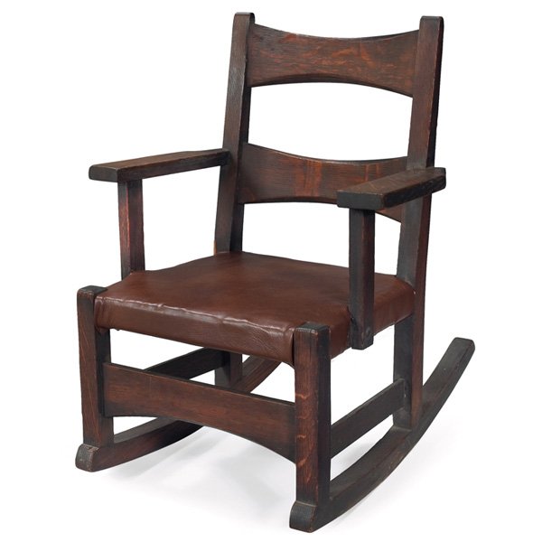 Limbert child's rocker, #872, trumpeted slats, lea: Limbert child's rocker, #872, trumpeted slats at back above a recovered leather seat, original finish, 18.5"w x 21.5"d x 23"h, very good condition