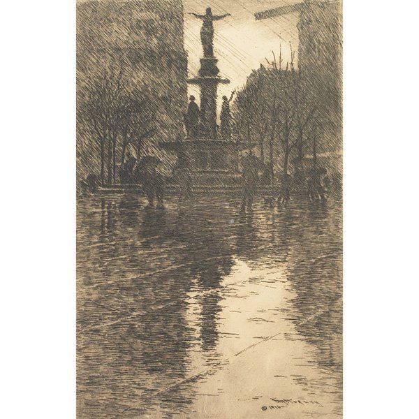 E.T. Hurley etching, "Fountain Square," 1916/E.T.: E.T. Hurley etching, "Fountain Square," signed and dated in plate 1916, pencil signed and dated 1930, image: 7"w x 11"h, overall: 14"w x 19"h; with an E.T. Hurley etching, "Suspension Bridge," (not sh