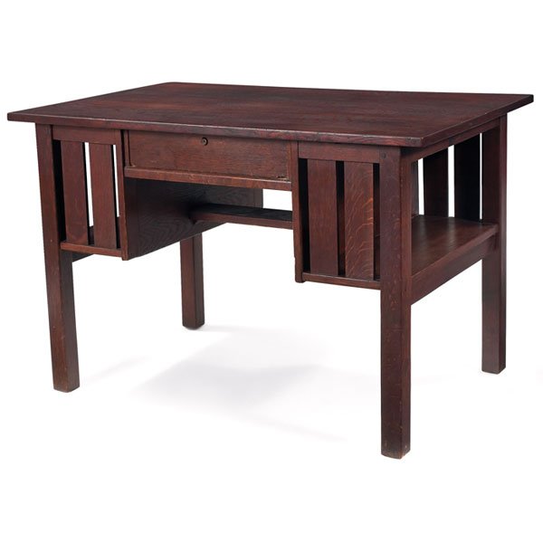 350 L & JG Stickley desk, 503, blind drawer,slatted b