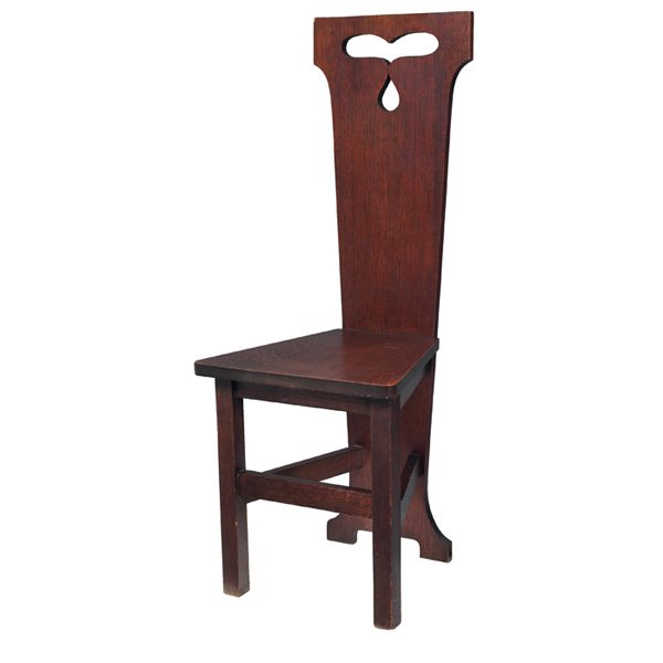 Arts & Crafts hall chair, slab seat: Arts & Crafts hall chair, cut-out at back above a slab seat, original finish, 16"w x 16"d x 42"h, very good condition