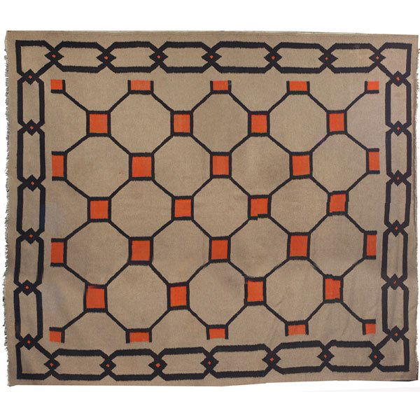 Arts & Crafts drugget rug, style of Gustav Stickle: Arts & Crafts drugget rug, in the style of Gustav Stickley, geometric pattern in black and orange on a tan field, minor wear, 112" x 138", overall very good condition