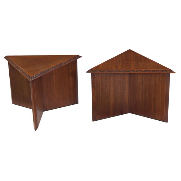 Frank Lloyd Wright stools, mfg. Heritage Henredon,: Frank Lloyd Wright stools, pair, manufactured by Heritage Henredon, triangular top with Taliesin design at edge supported by a tri-slab base, signed with red monogram and script signature, original fi