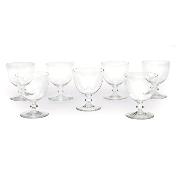 Baccarat crystal goblets, set of seven: Baccarat crystal goblets, set of seven, each stamped "Baccarat France", 3.5"dia x 4.5"h, mint condition. Provenance: Han Schroeder, former architectural assistant to Gerrit Rietveld and daughter of Tr