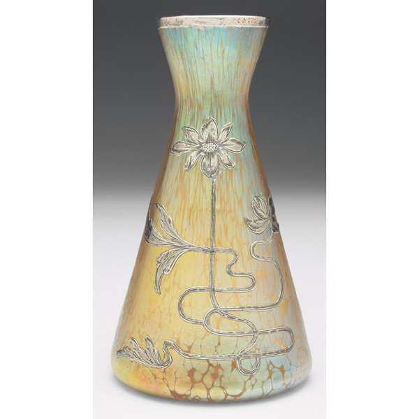 Loetz Candia Papillon vase, applied silver decorat: Loetz Candia Papillon vase, flared shape with an applied silver decoration, unmarked, 985 silver with impressed German hallmarks, 3"w x 5"h