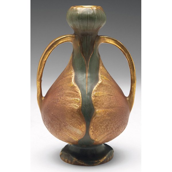 Amphora vase, probably Paul Dachsel, #3959: Amphora vase, probably designed by Paul Dachsel, double handled organic shape, vertical leaves, #3959, 4"w x 6.25"h