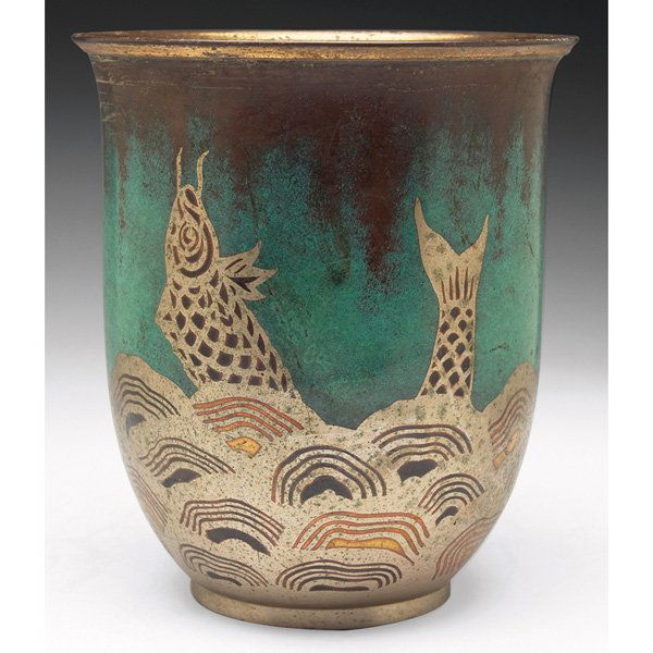 WMF Ikora vase, copper, mixed metal inlay: WMF Ikora vase, large copper form with mixed metal inlay, elaborate stylized design of a fish and waves, marked, 7"w x 8"h