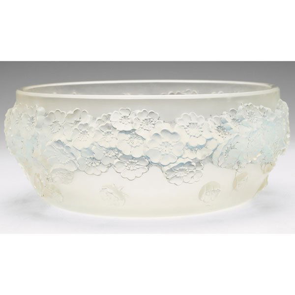 R. Lalique bowl, frosted glaze, cherry blossom dec: R. Lalique bowl, frosted glaze with a cherry blossom decoration in high relief, marked, 6.5"w x 2.5"h, minor chips to rim
