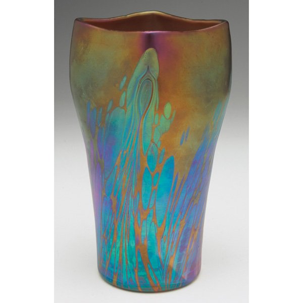 Loetz Medici vase, overall iridescence, signed: Good Loetz Medici vase, unusual shape, overall iridescence, signed Loetz, Austria, 4"w x 7.25"h