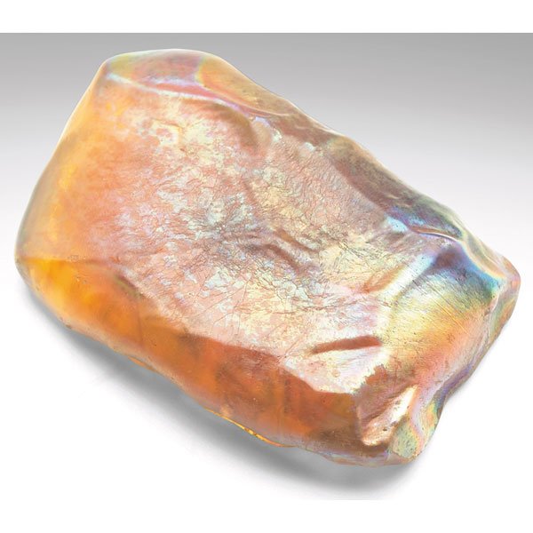 L.C. Tiffany turtleback tile, attribution, gold fa: L.C. Tiffany turtleback tile, attribution, gold favrile glass with colorful iridescence, unmarked, 2.5"w x 4"l