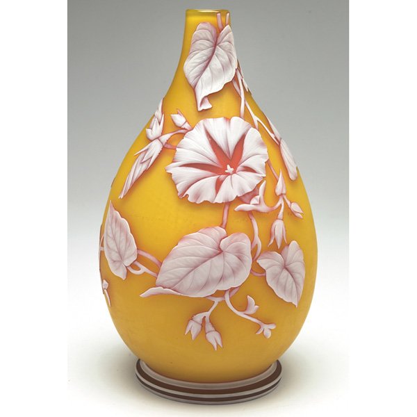 Thomas Webb & Sons vase, yellow glass, cameo deco: Thomas Webb & Sons vase, bulbous shape in opaque yellow glass, cameo decoration of morning glories and butterflies in red and white, unsigned, 5"w x 8.75"h, top has been reduced