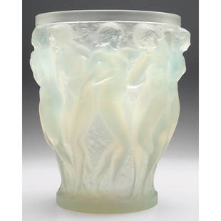 Lalique Bacchantes vase, flaring shape, several nu: Lalique Bacchantes vase, large flaring shape surrounded by several nude figures, the surface with a frosted opalescence, marked Lalique Cristal France, 9"w x 9.5"h