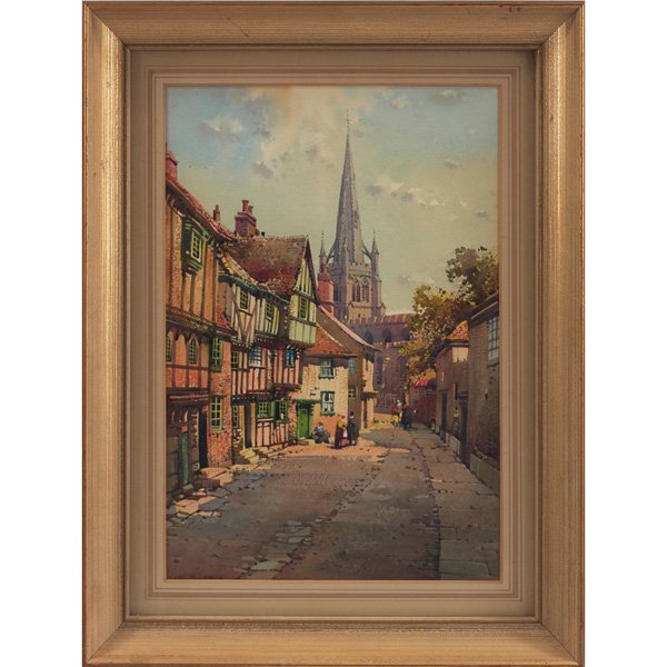 Noel Harry Leaver, "Old Buildings at Thaxted Engla: Noel Harry Leaver (British, 1889-1951) "Old Buildings at Thaxted England," c. 1940, watercolor, 14" x 9.25", signed lower left, Daniel Rees Fine Art Dealer (Jackson, Michigan) label on verso, framed