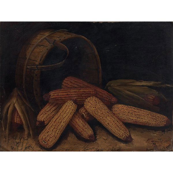 Alfred E. A. Montgomery,"Still Life with Corn," c.: Alfred E. A. Montgomery (American, 1857-1922) "Still Life with Corn," c. 1910, oil on artist board, 20.5" x 27.25", signed lower right, unframed