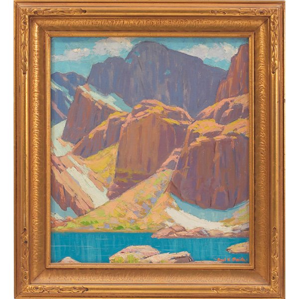 Paul Kauvar Smith, "Taylor's Peak," c. 1950, oil: Paul Kauvar Smith (American, 1893-1978) "Taylor's Peak," c. 1950, oil on artist board, 16" x 14", signed lower right, titled on verso, framed
