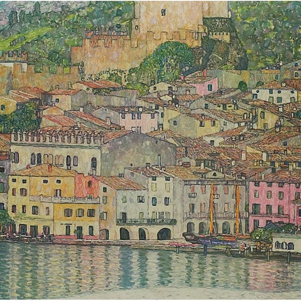 Gustav Klimt, "Malcesine on Lake Garda," 1931: Gustav Klimt (Austrian, 1862-1918) "Malcesine on Lake Garda," 1931, collotype, 11.75" x 12.25", signed in the plate as issued, edition of 270, framed