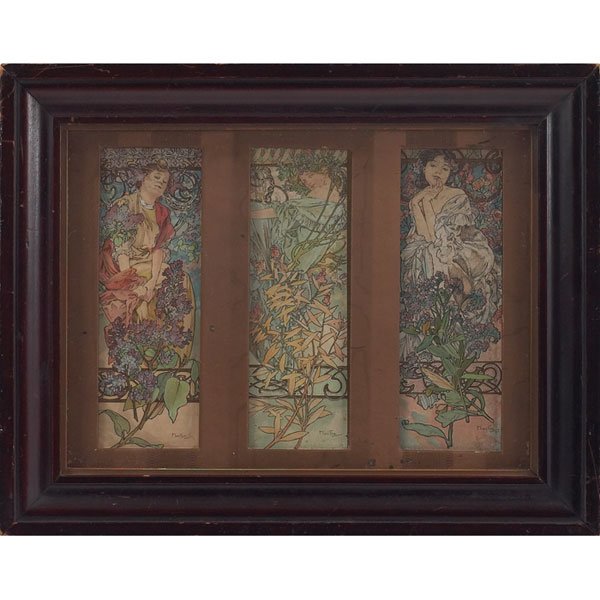 After Alphonse Mucha, "Triptych," c. 1906, color l: After Alphonse Mucha (Czech, 1860-1939) "Triptych," c. 1906, color lithographs, overall: 7.5" x 9.75", unsigned, framed