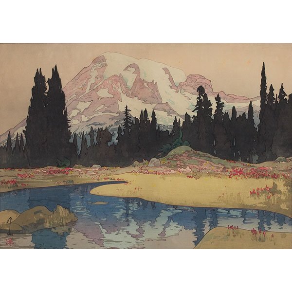 Hiroshi Yoshida,"Mt. Rainier," 1925, color woodblo: Hiroshi Yoshida (Japanese, 1876-1950) "Mt. Rainier," 1925, color woodblock, 14" x 19.75", pencil signed lower right, titled lower left, framed