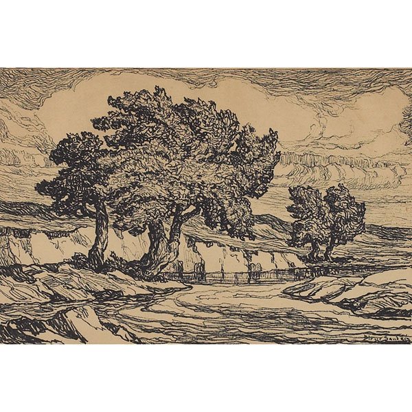 Birger Sandzen, "Arroyo in the Foothills," c. 1920: Birger Sandzen (American, 1871-1964) "Arroyo in the Foothills," c. 1920, lithograph, 11.75" x 17.75", pencil signed and titled, framed