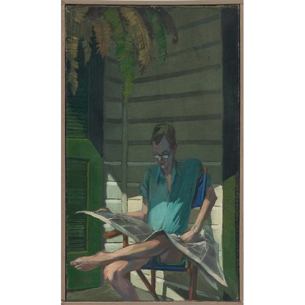 Bernard Weinstein, "Man Reading Newspaper," c. 195: Bernard Weinstein (American, 20th century) "Man Reading Newspaper," c. 1950, oil on canvas, 18" x 10.5", signed lower left, framed