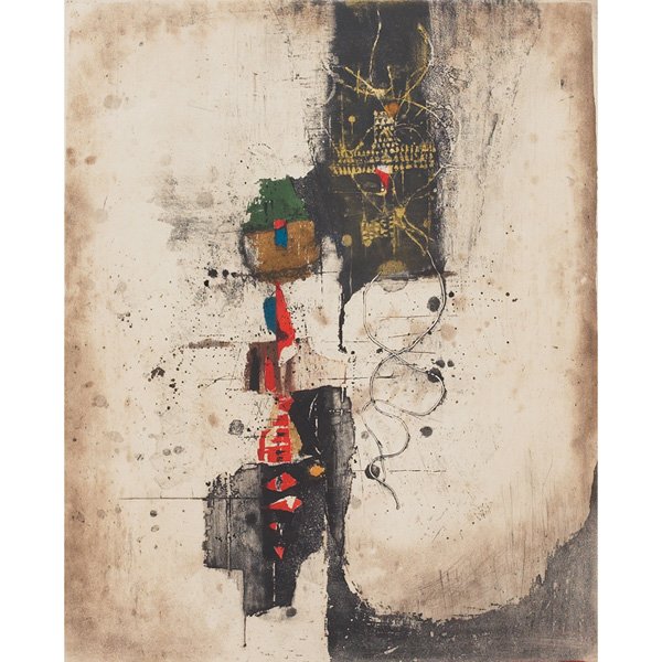 Johnny Friedlaender, "Untitled," c. 1970, pair col: Johnny Friedlaender (French, 1912-1992) "Untitled," c. 1970, pair of color etchings, largest: 18.5" x 15.25", pencil signed, unframed