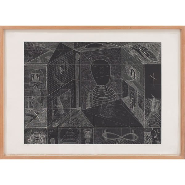 Richard Hull, "Crossover," 1982, etching: Richard Hull (American, b. 1955) "Crossover," 1982, etching, 17.5" x 23.5", pencil signed, titled and dated, framed