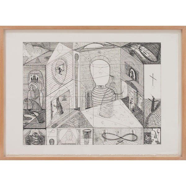 Richard Hull, "Crossover," 1982, etching: Richard Hull (American, b. 1955) "Crossover," 1982, etching, 17.5" x 23.5", pencil signed, titled and dated, framed