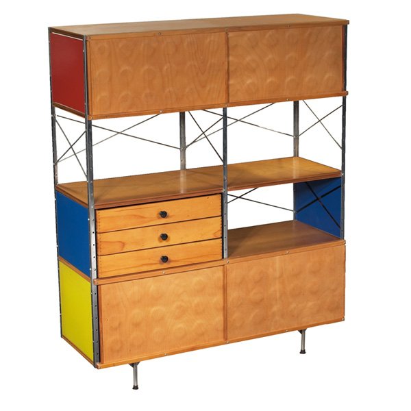 Charles and Ray Eames ESU 420-C, dimpled doors: Charles and Ray Eames ESU 420-C, second series, by Herman Miller, birch, zinc frame and struts, red, yellow and blue panels, two sets of dimpled wood doors, one bank of three drawers, no panels to bac