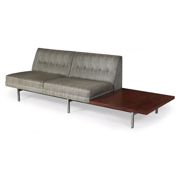 George Nelson sofa, Herman Miller, 91"w, w/ table: George Nelson sofa, by Herman Miller, steel frame, wedge-shaped backrest with tufted upholstery, rosewood table attached at one end, reupholstered, original finish, signed with round metal Herman Mill