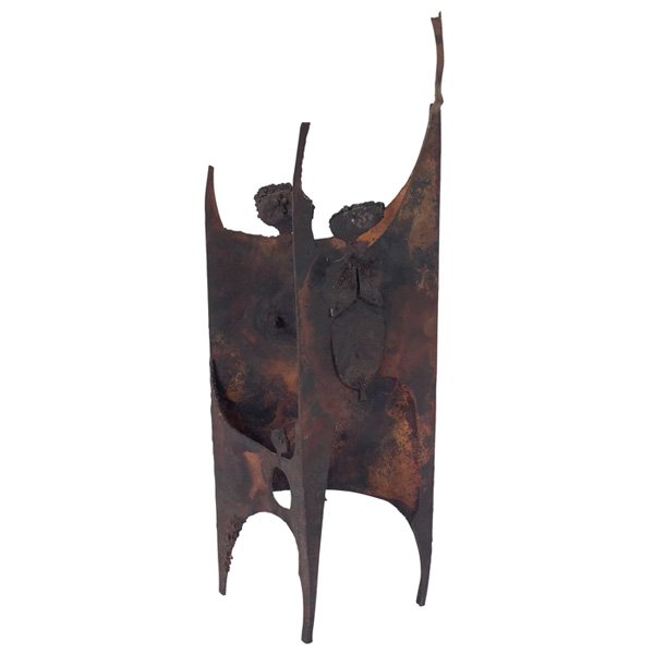 Eldon Danhausen sculpture, welded steel: Eldon Danhausen sculpture, welded steel, original finish, unsigned, 5.5"w x 14.25"h, top is bent, good original condition. The Collection of Mort and Millie Goldsholl The Collection of Mort and Millie