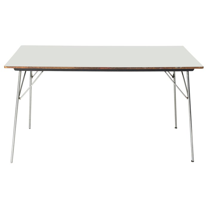 Charles & Ray Eames DTM-1 folding table, white top: Charles and Ray Eames DTM-1 folding dining table, by Herman Miller, 1950s, rectangular plywood top covered in the original white laminate, folding metal legs, two feet missing, original finish, 54"w x
