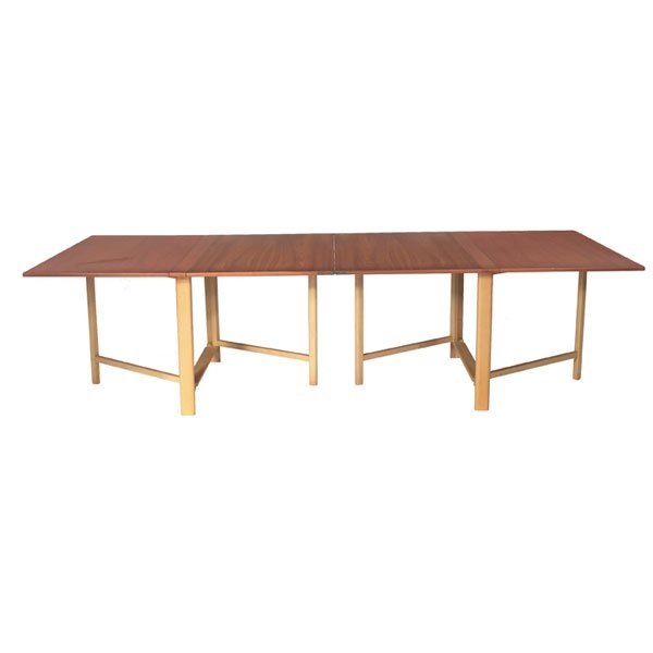 Bruno Mathsson dining table, by Karl Mathsson: Bruno Mathsson dining table, by Karl Mathsson, Sweden, expanding teak top over a folding beech wood base, original finish, signed with branded marks, closed: 43"w x 9"d x 28.5"h, open: 110"w, very goo