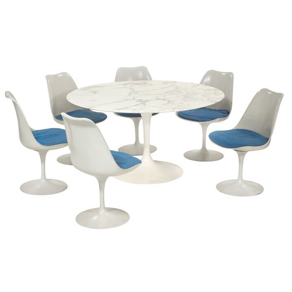 Eero Saarinen dining set, Knoll, 53.5" marble tabl: Eero Saarinen dining set, by Knoll, round white marble top, six chairs with the original light gray finish, original finish, four chairs signed with Knoll Associate labels, table with a Knoll Internat