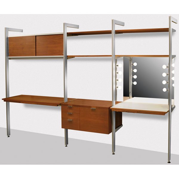 George Nelson & Associates CSS wall unit, vanity: George Nelson & Associates CSS (Comprehensive Storage System) wall unit, by Herman Miller, c. 1960, three bays, aluminum and walnut, a desk with three shallow drawers under two sliding doors, cabinet 