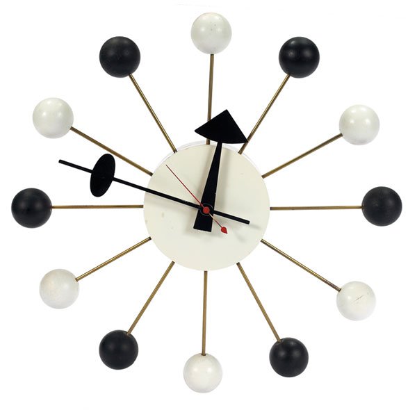 George Nelson Ball clock Howard Miller black white: George Nelson Ball clock, by Howard Miller, black and white balls on brass spokes around a white metal center, black metal hour and minute hands and red second hand, signed with Howard Miller label, a