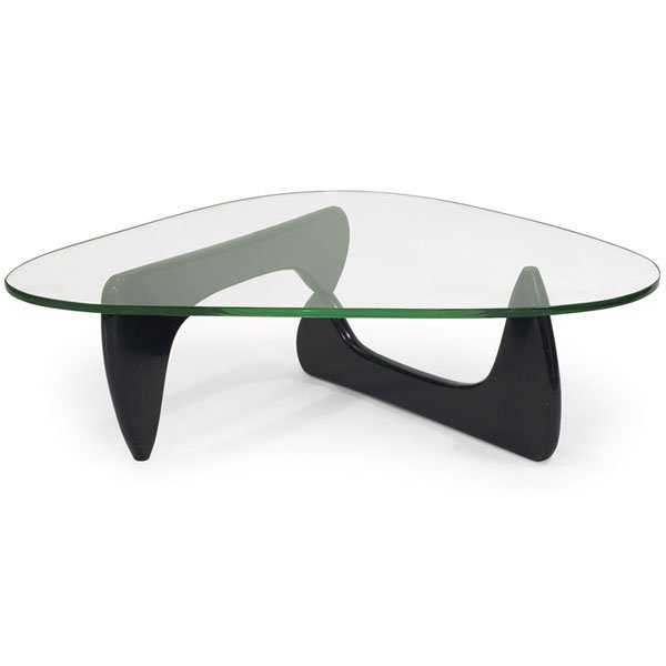 Early Isamu Noguchi coffee table black base glass: Early Isamu Noguchi coffee table, by Herman Miller, 1950s, original biomorphic " thick yellow-green glass top, wood bases with the original ebonized finish, aluminum pin, 50"w x 36"d x 15.5"h, very go