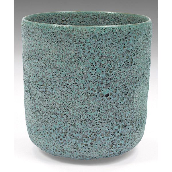 Gertrud & Otto Natzler large bowl/vase, gray textu: Gertrud & Otto Natzler crater vase, glazed earthenware with textured burst-bubble glaze, signed "Natzler", paper label "H376", 5.75"dia x 6"h, mint condition