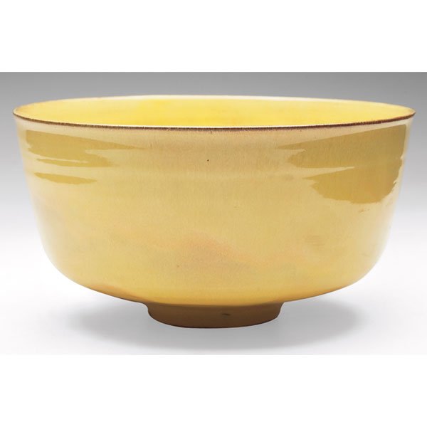 Gertrude & Otto Natzler bowl, yellow glaze, restor: Gertrude & Otto Natzler bowl, broad shape covered in a yellow glaze, signed, #J860, 8"w x 4"h, restored hairline at top rim