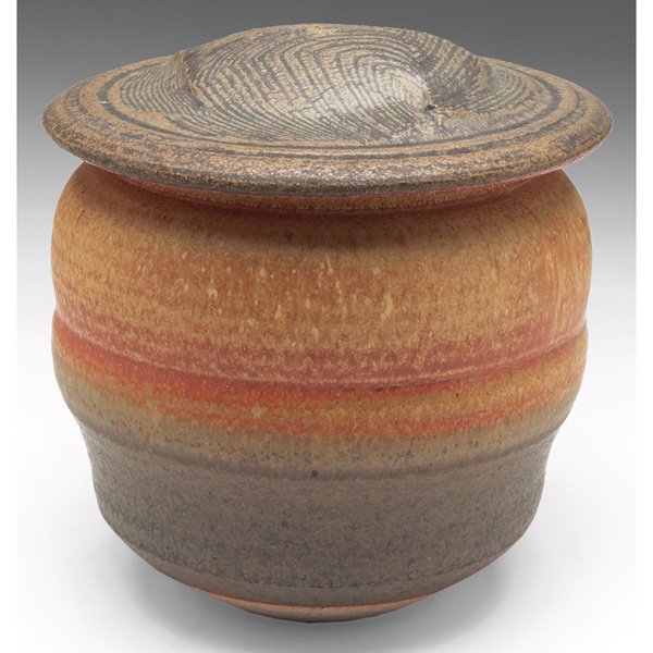 Karen Karnes vessel, brown & gray glaze, marked PG: Karen Karnes covered vessel, large form covered in brown and gray glazes, marked PGS 1990, signed with initials, 7"w x 7"h