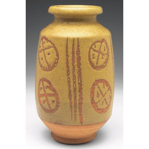 Antonio Prieto vase, mustard-color glaze: Antonio Prieto vase, large form covered in a mustard-color glaze, incised geometric designs, signed, 5.5"w x 9.5"h