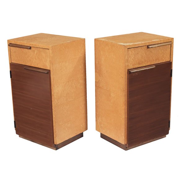 Gilbert Rohde night stands, pair, Herman Miller: Gilbert Rohde night stands, pair, by Herman Miller, model 3626, bird's eye burl and walnut, each with one drawer and one door, horizontal wood pulls, each with stencil "3626" to back, original finish,