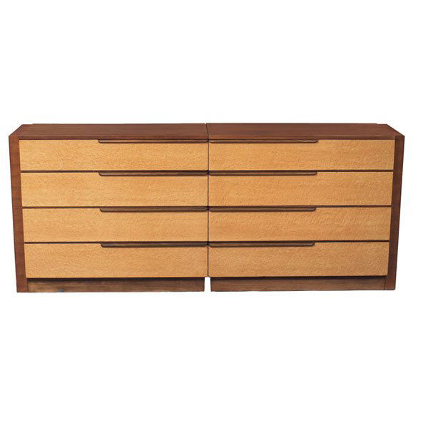 Gilbert Rohde cabinets,Herman Miller, model 3626 a: Gilbert Rohde cabinets, pair, by Herman Miller, model 3626 and 3627, bird's eye burl and walnut, each with four drawers, horizontal wood pulls, each top drawer with dividers and a wooden coin bowl, on