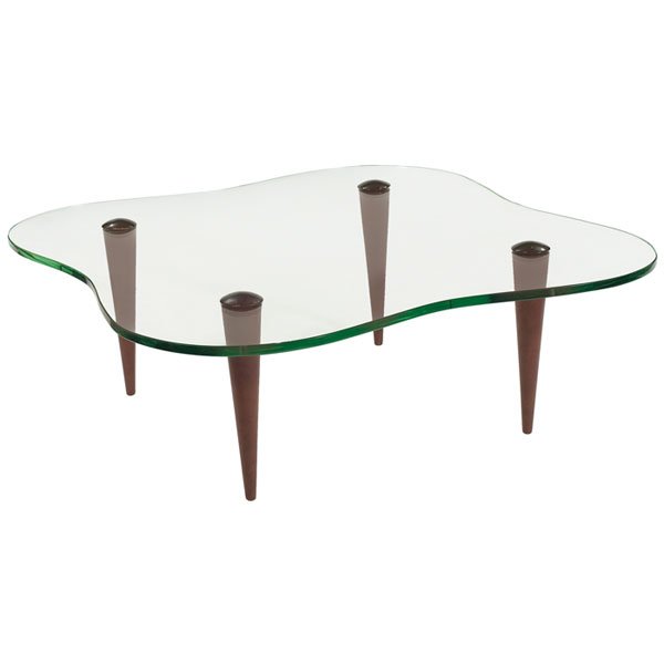 Gilbert Rohde coffee table, Herman Miller, glass t: Gilbert Rohde coffee table, by Herman Miller, 1940s, four tapered wood legs covered in the original leatherette support the original thick biomorphic yellow-green glass, 44"w x 44"d x 15.5"h, excellen